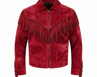 Chaqueta roja de ante con flecos, estilo vaquero del oeste, prenda de abrigo vintage para hombre.