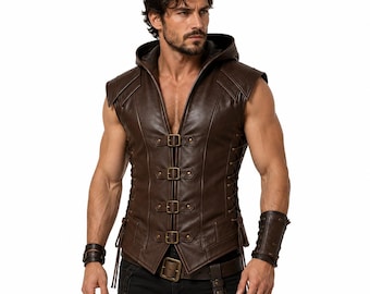 Gilet à capuche en cuir marron pour homme, gilet de guerrier viking, costume Renaissance à lacets