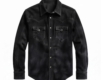 Chaqueta tipo camisa de cuero de gamuza negra para hombre, estilo western, con botones a presión.