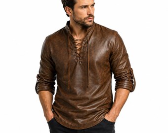 Tunique en cuir marron à lacets pour homme | Chemise médiévale Renaissance viking gothique