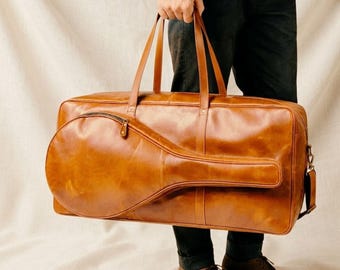 Handmade Tan Leather Tennis Racquet Duffle Bag, Full Grain Cowhide Sports Travel Weekender