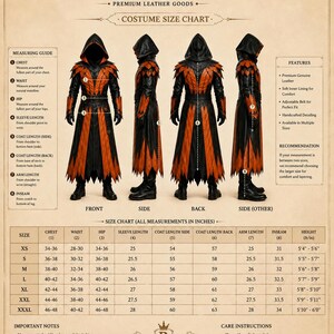 May include: A RexLeatherCo costume size chart featuring a hooded coat in black and orange with layered, pointed hem detailing. The graphic displays front, side, and back views of the coat, a measuring guide, features list, and a detailed size table in inches.