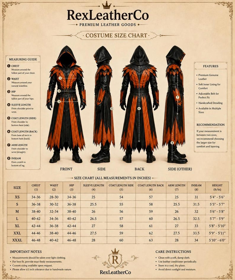 May include: A RexLeatherCo costume size chart featuring a hooded coat in black and orange with layered, pointed hem detailing. The graphic displays front, side, and back views of the coat, a measuring guide, features list, and a detailed size table in inches.