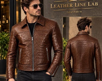 Chaqueta de motociclista de cuero marrón con relieve de cocodrilo para hombre, abrigo de moto vintage