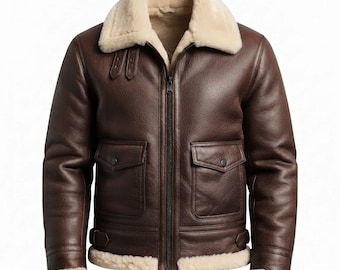 Chaqueta bomber de aviador de piel de oveja marrón para hombre, abrigo de vuelo vintage.