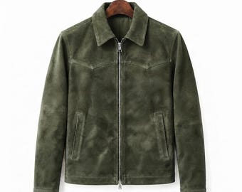 Chaqueta de cuero de gamuza verde oliva para hombre, estilo motero western vintage, de cuero auténtico con cremallera.