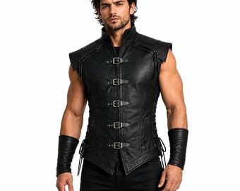 Gilet médiéval en cuir noir pour homme, pourpoint de guerrier viking, armure gothique Renaissance, cosplay GN