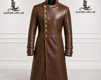Men's Brown Genuine Leather Trench Coat, Vintage Military Style Long Coat