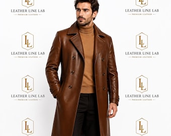 Manteau long pour homme en cuir véritable marron, trench-coat croisé, style vintage, fait main