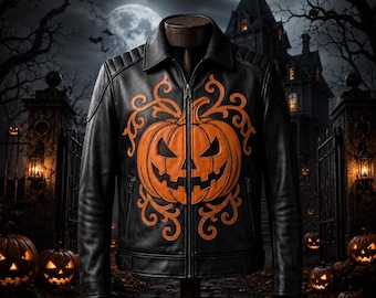 Veste en cuir de vachette pour homme, motif citrouille d'Halloween