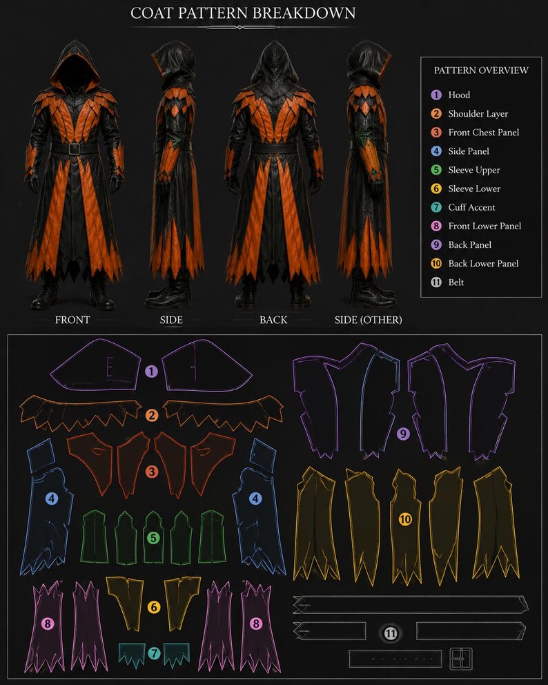 May include: A coat pattern breakdown diagram featuring a hooded coat in black and orange shown from front, side, and back views. The image includes a numbered pattern overview list and corresponding flat pattern pieces outlined in various colours.