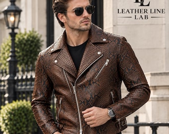 Chaqueta de motociclista de cuero marrón con estampado de serpiente para hombre, chaqueta de moto de piel de serpiente