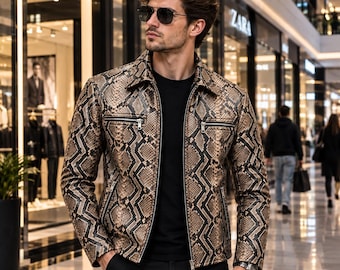 Chaqueta de cuero para hombre con estampado de piel de serpiente, estilo motero de lujo.