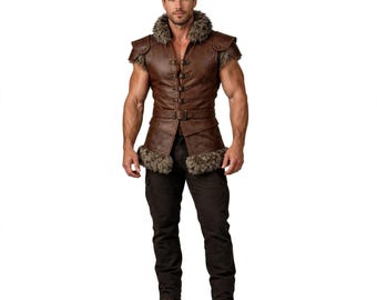 Gilet viking en cuir marron pour homme, pourpoint de guerrier bordé de fourrure, armure Renaissance pour cosplay