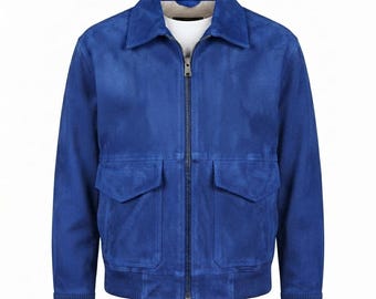 Chaqueta bomber de ante azul para hombre, prenda exterior de cuero vintage con cremallera.