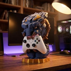 May include: A blue and gold gaming controller stand shaped like a fantasy creature, holding a white Xbox controller. The stand has a gold base and is on a wooden desk. The background includes a computer monitor and a bookshelf.