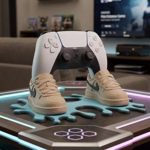 Può includere: Un controller bianco e nero di PlayStation 5 è sorretto da un paio di scarpe da ginnastica color cuoio su un tavolino decorativo. Il tavolo ha una cornice in legno con un bordo luminoso al neon blu e rosa. Le scarpe da ginnastica sono su una base a forma di schizzo azzurro.