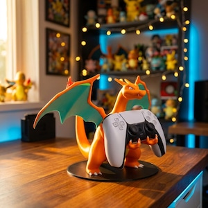 Può includere: Una figura arancione e verde acqua simile a un drago su una base circolare nera, che tiene tra gli artigli un controller per videogiochi wireless bianco e nero. La figura presenta grandi ali, una lunga coda e una testa dettagliata con corna.