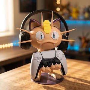 May include: A figurine of a cartoon cat wearing headphones and holding a white and black game controller. The cat has a yellow forehead and purple ears. The controller has a PlayStation logo.
