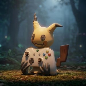 Op de afbeelding: Een lichtgeel Mimikyu-figuur met donkergrijze oortoppen en een gekartelde staart, die een witte videogamecontroller vasthoudt. De controller is voorzien van twee zwarte joysticks, een zwart richtingspad en vier gekleurde actieknoppen.