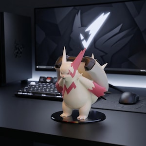 May include: A Zangoose figurine standing on a circular black base. The creature is primarily white with pink accents on its ears, chest, and claws. It features a prominent pink jagged stripe across its torso and a sharp, pointed ear design.
