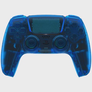 May include: A transparent blue games controller with a clear casing. It has a directional pad, buttons, and analogue sticks. The central section has a textured panel. The PlayStation logo is visible.