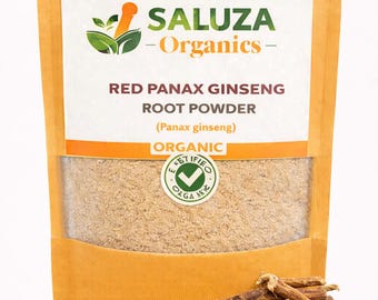 Polvo orgánico de raíz de ginseng rojo Panax, suplemento energético natural y bienestar holístico.