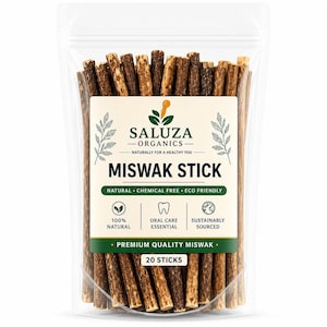 May include: A clear plastic pouch containing 20 brown, textured miswak sticks. The label features the text Saluza Organics, Miswak Stick, and highlights including 100% natural, oral care essential, and sustainably sourced in green and black text.