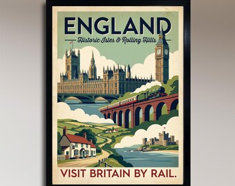 Inglaterra: Islas históricas y colinas ondulantes – Póster de viaje vintage