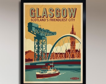 May include: Framed vintage travel poster for Glasgow, Scotland, with a teal crane, bridge, and a red and white boat. The poster reads "Glasgow Scotland's Friendliest City" in a retro font, with a cream and brown background.