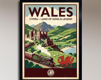 Gales: Cymru, tierra de canciones y leyendas – Póster de viaje vintage de GWR