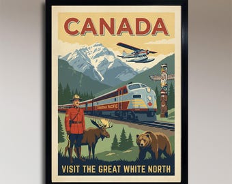 Póster de viaje antiguo de Canadá: Tren Canadian Pacific, fauna salvaje, montañas.