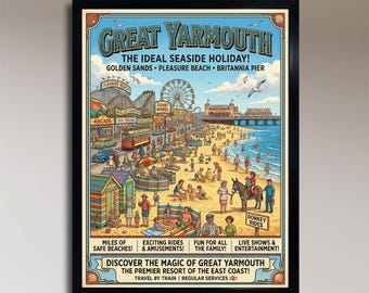 Cartel de viaje vintage de vacaciones en la costa de Yarmouth – Arte playero de mediados de siglo