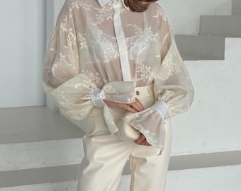 Romantic Sheer Tencel Shirt - Embroidered Ivory Bridal Statement Blouse with Wide Sleeves