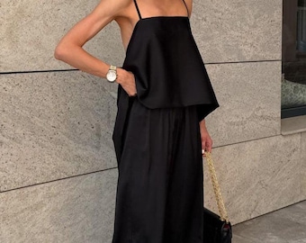 Black Silk Set - Summer Evening Look, Flowing Loose Top with Open Back and Relaxed Wide Leg Pants