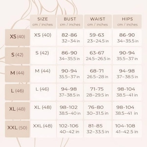 May include: A size chart table with a light background featuring a faint outline of a figure. The table lists sizes XS through XXL with corresponding bust, waist, and hip measurements in both centimeters and inches for each size category.