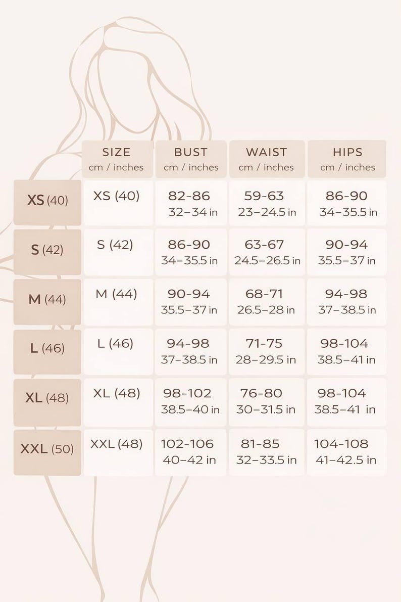 May include: A size chart table with a light background featuring a faint outline of a figure. The table lists sizes XS through XXL with corresponding bust, waist, and hip measurements in both centimeters and inches for each size category.
