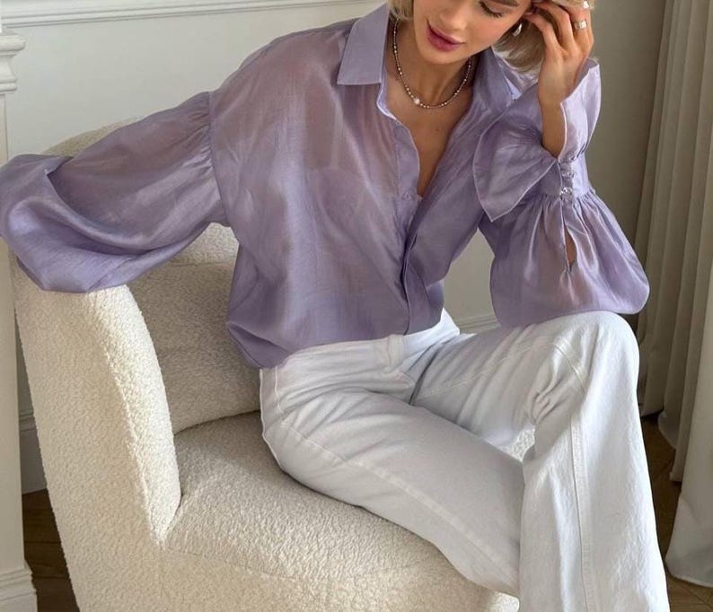 Long Sleeve Sheer Organza Blouse - Purple Button Up Shirt with Cuffs - Formal Office Wear image 1