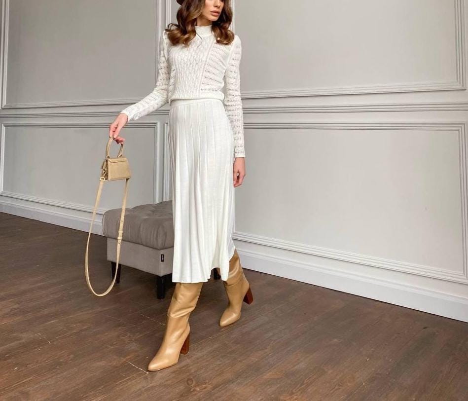 White Knit Sweater Dress - Long Sleeve Midi Ribbed Dress - Cozy Everyday Formal Outfit