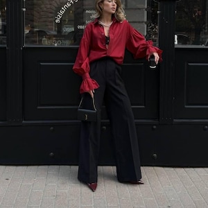Long Sleeve Sheer Organza Blouse - Purple Button Up Shirt with Cuffs - Formal Office Wear Red