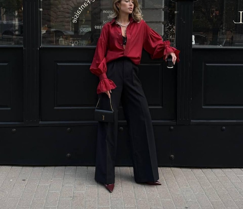 Long Sleeve Sheer Organza Blouse - Purple Button Up Shirt with Cuffs - Formal Office Wear Red