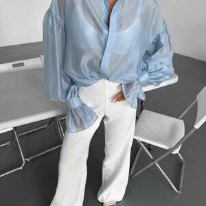 Long Sleeve Sheer Organza Blouse - Purple Button Up Shirt with Cuffs - Formal Office Wear image 8