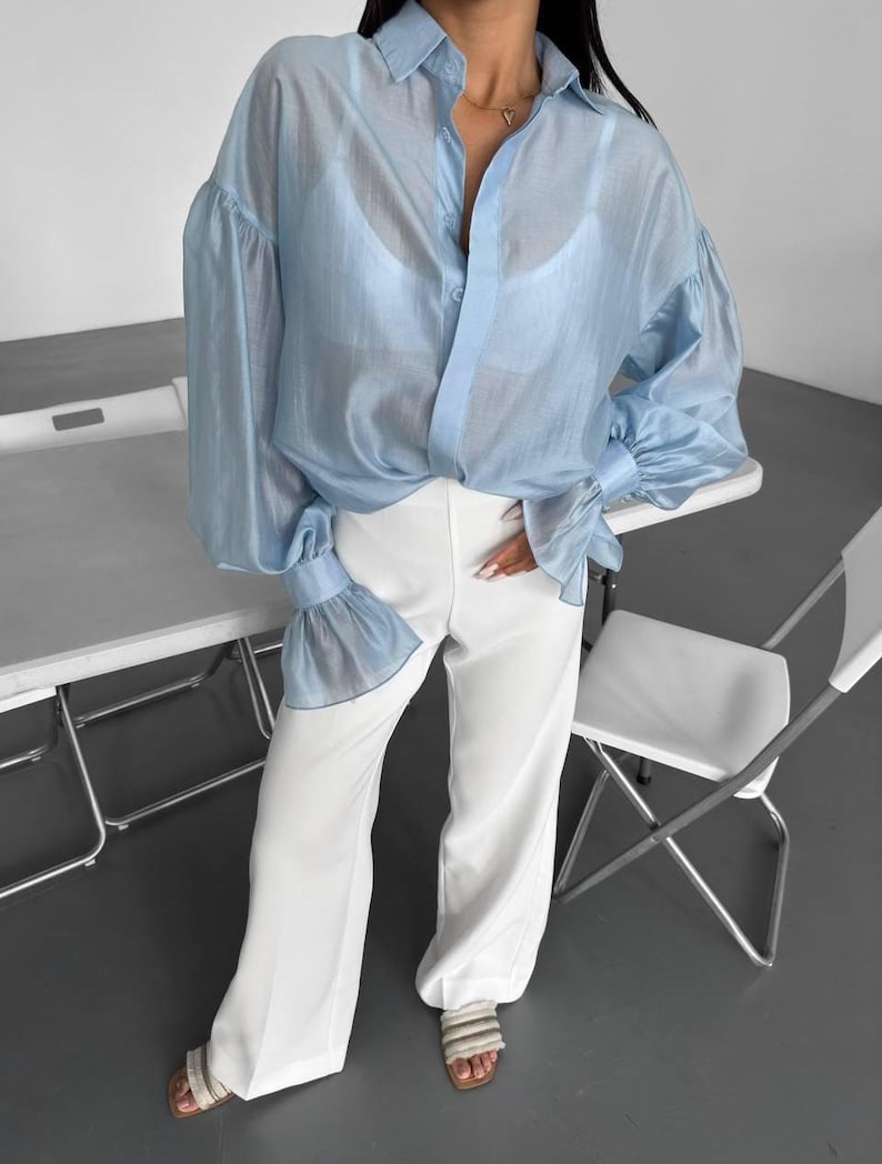 Long Sleeve Sheer Organza Blouse - Purple Button Up Shirt with Cuffs - Formal Office Wear image 8