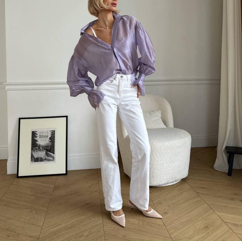 Long Sleeve Sheer Organza Blouse - Purple Button Up Shirt with Cuffs - Formal Office Wear image 4