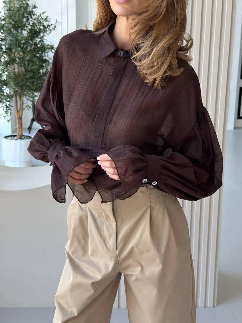 Long Sleeve Sheer Organza Blouse - Purple Button Up Shirt with Cuffs - Formal Office Wear Brown