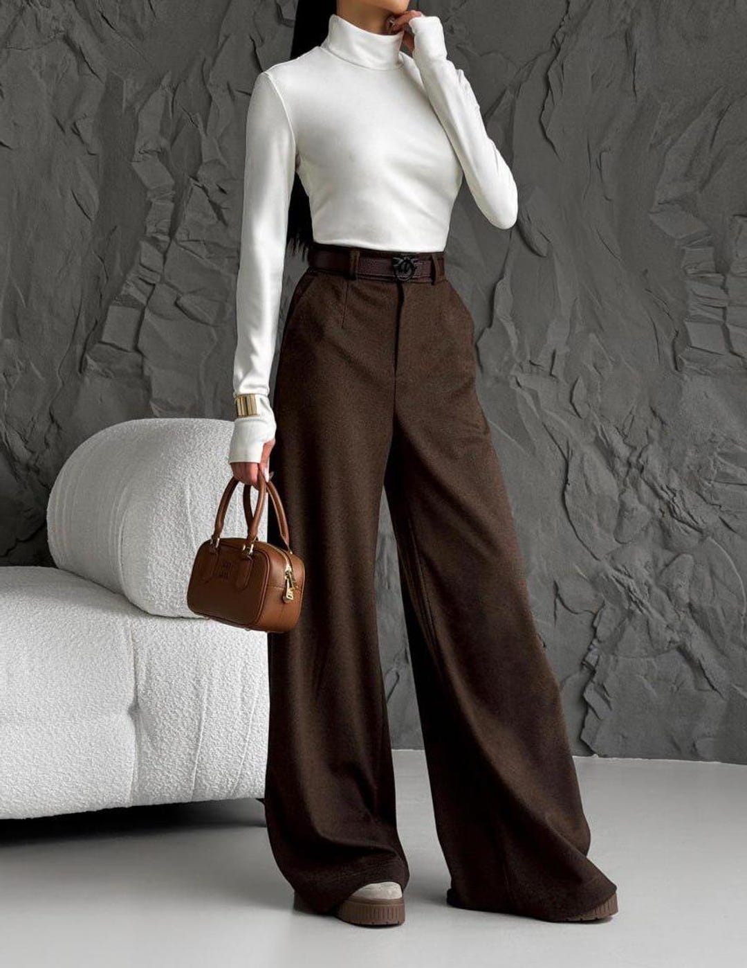 Wide Leg Wool Pants - Chocolate High Waist Trousers -formal Office