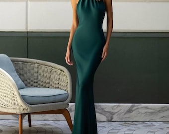 Emerald Satin Bridesmaid Dress, Halter Neck Slip Dress, Backless Formal Gown, Wedding Guest Dress