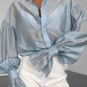 Long Sleeve Sheer Organza Blouse - Purple Button Up Shirt with Cuffs - Formal Office Wear image 7
