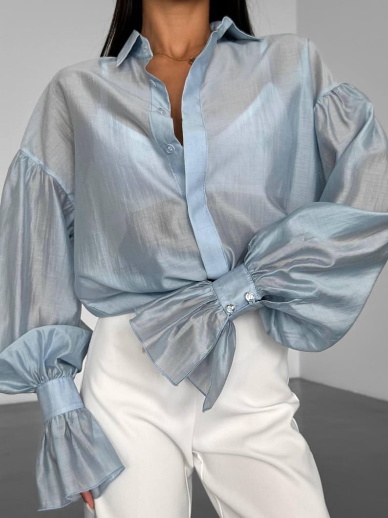 Long Sleeve Sheer Organza Blouse - Purple Button Up Shirt with Cuffs - Formal Office Wear image 7