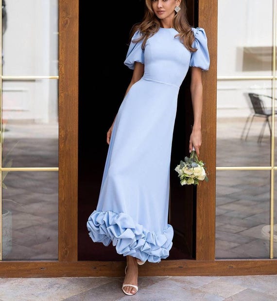 light blue formal wedding guest dress Bridesmaid Dress, Dress, Puff Sleeve Midi Dress, Elegant Dress,bridal Party Outfit Sweetheart Neckline YGroup_11774 Aymie Maxi Dress | Color:Choose from Satin Color Chart